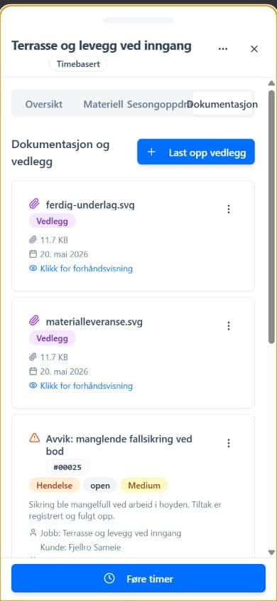 Mockup av dokumentasjon og vedlegg i Jobbix